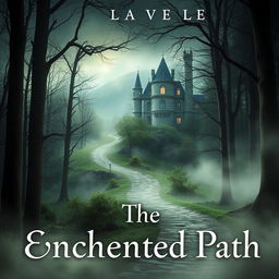 A captivating novel cover featuring a mysterious forest with a winding path leading to an ancient castle in the background