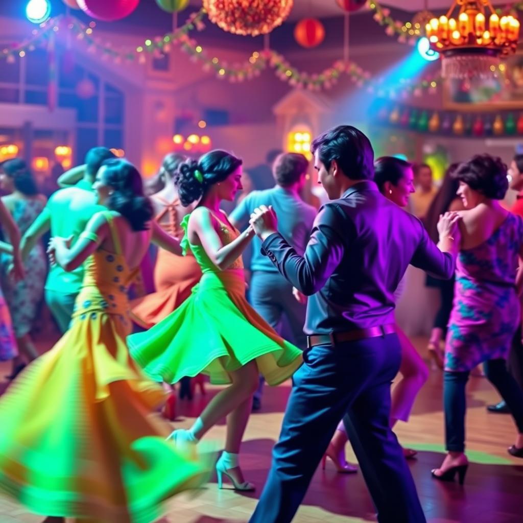 A vibrant and energetic scene of a hot salsa dance, with dancers in colorful outfits twirling and moving passionately to the rhythm of the music