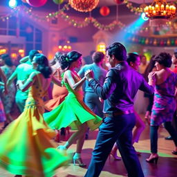 A vibrant and energetic scene of a hot salsa dance, with dancers in colorful outfits twirling and moving passionately to the rhythm of the music