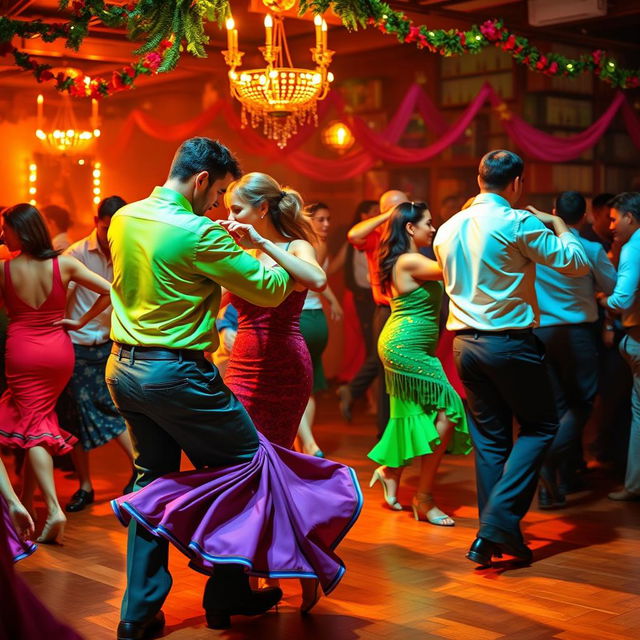 A vibrant and energetic scene of a hot salsa dance, with dancers in colorful outfits twirling and moving passionately to the rhythm of the music