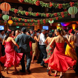 A vibrant and energetic scene of a hot salsa dance, with dancers in colorful outfits twirling and moving passionately to the rhythm of the music