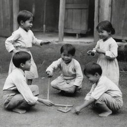 A lively and charming scene from the 1880s showing Filipino children merrily engrossed in playing Sipa, a traditional Filipino game, reflecting the joy and simplicity of child's play during this era.