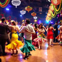 A vibrant and energetic scene of a hot salsa dance, with dancers in colorful outfits twirling and moving passionately to the rhythm of the music