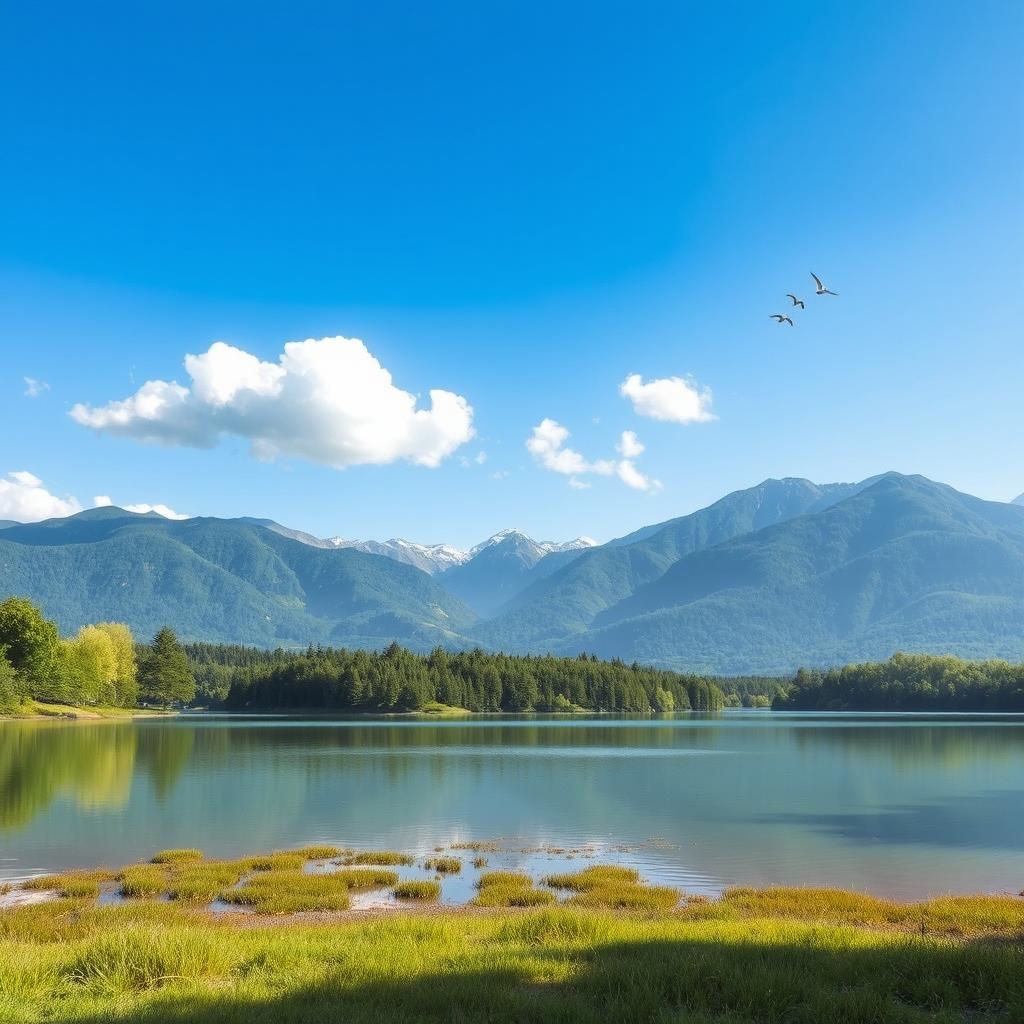 Create a serene landscape featuring a calm lake surrounded by lush trees and mountains in the background