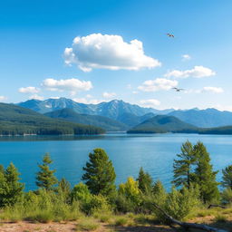 Create a serene landscape featuring a calm lake surrounded by lush trees and mountains in the background