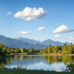 Create a serene landscape featuring a calm lake surrounded by lush trees and mountains in the background