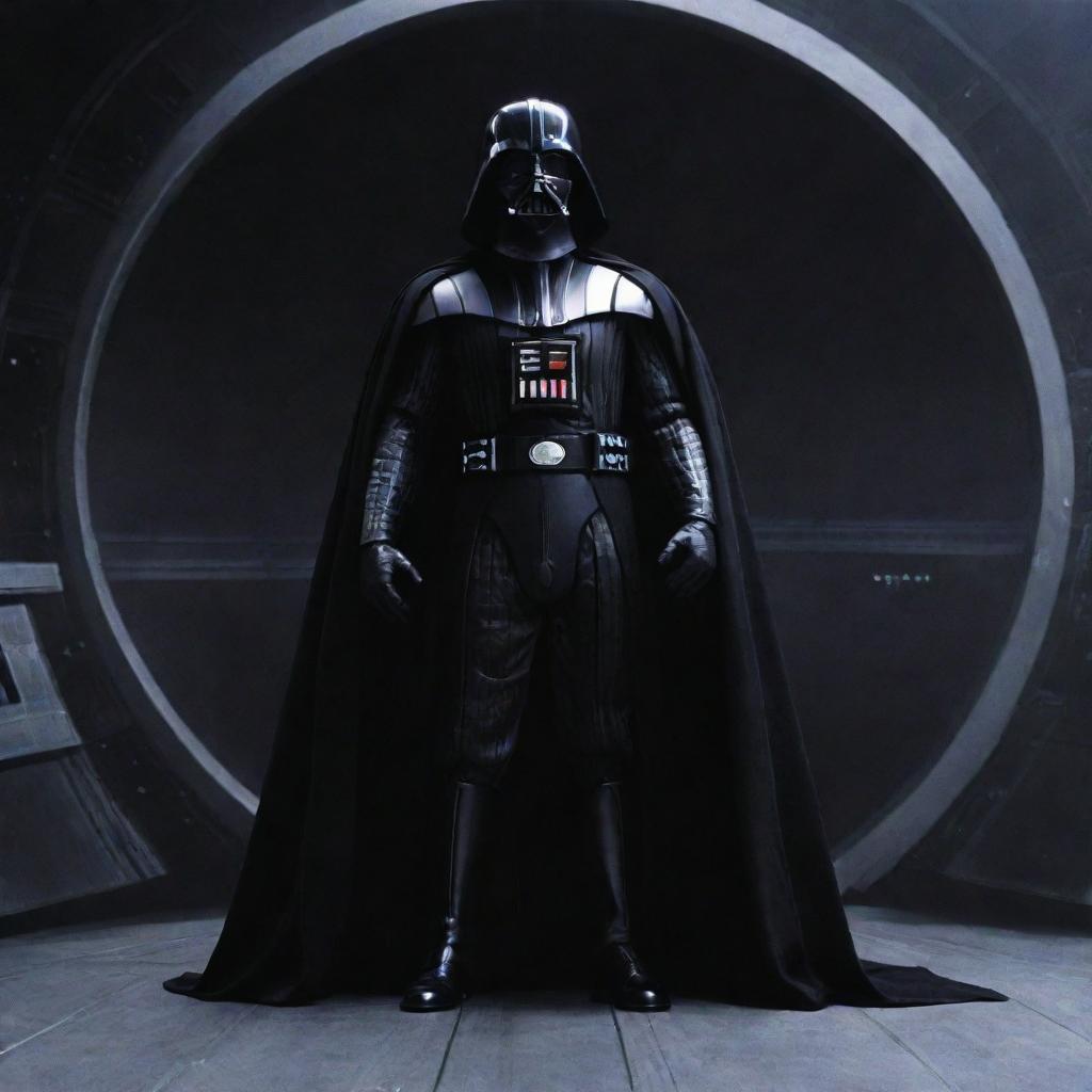 Darth Vader, full body shot, standing powerfully against a backdrop of the Death Star.