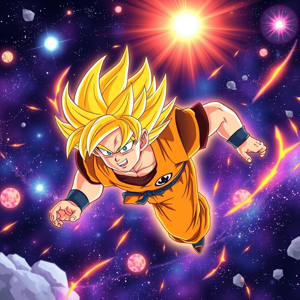 A dynamic and powerful image of Goku flying through space with stars and galaxies in the background