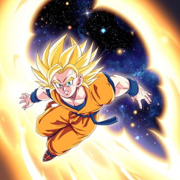 A dynamic and powerful image of Goku flying through space with stars and galaxies in the background