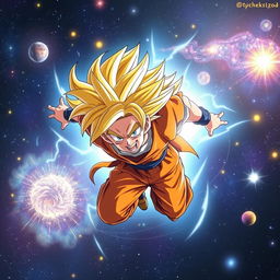 A dynamic and powerful image of Goku flying through space with stars and galaxies in the background