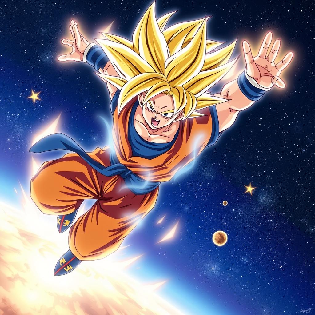 A dynamic and powerful image of Goku flying through space with stars and galaxies in the background