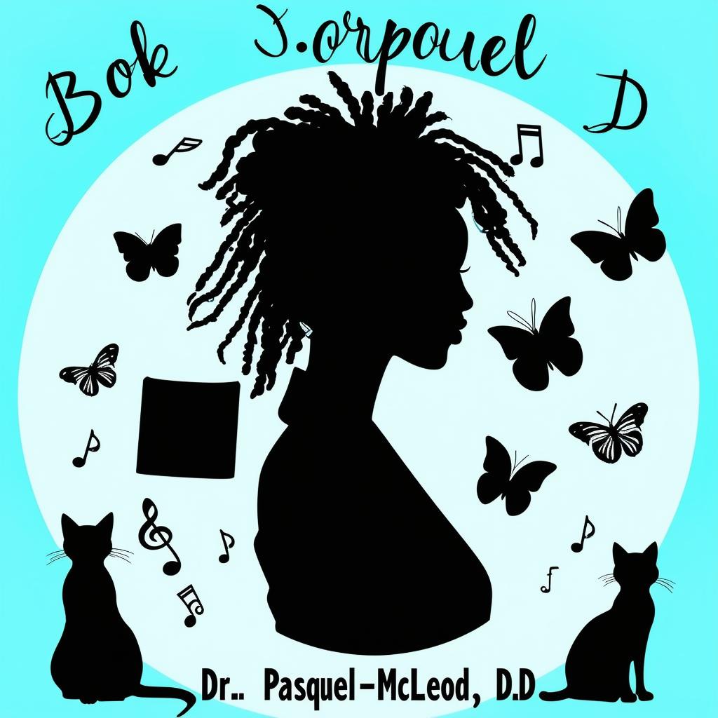 Create a book promotion logo featuring a silhouette of a lady with short dreadlocks in a suit, surrounded by music notes, butterflies, two cats, and a book