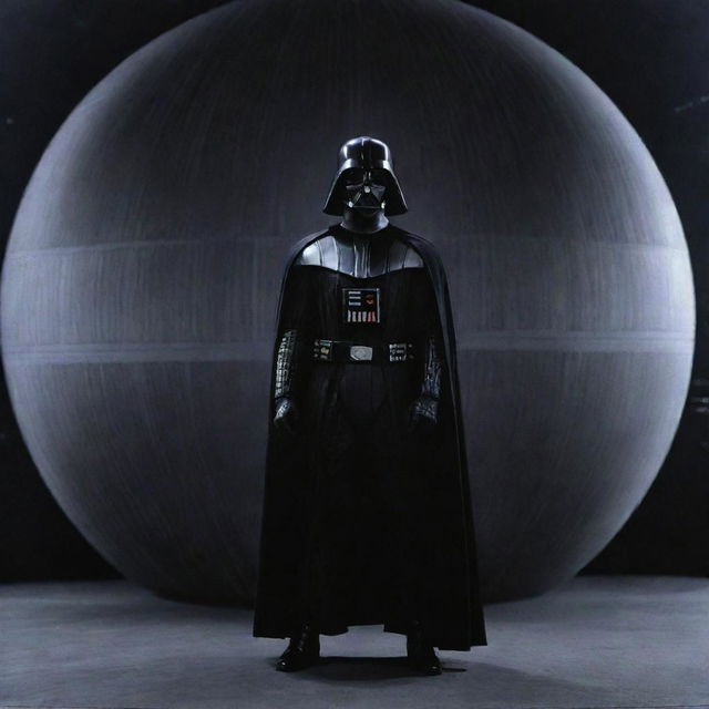 Darth Vader, full body shot, standing powerfully against a backdrop of the Death Star.