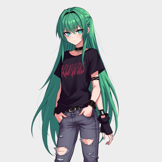 A depiction of Kuromi with long green hair, dressed in grunge-style clothing