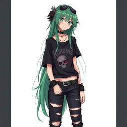 A depiction of Kuromi with long green hair, dressed in grunge-style clothing