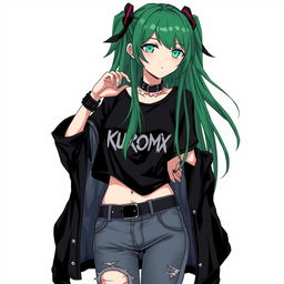 A depiction of Kuromi with long green hair, dressed in grunge-style clothing