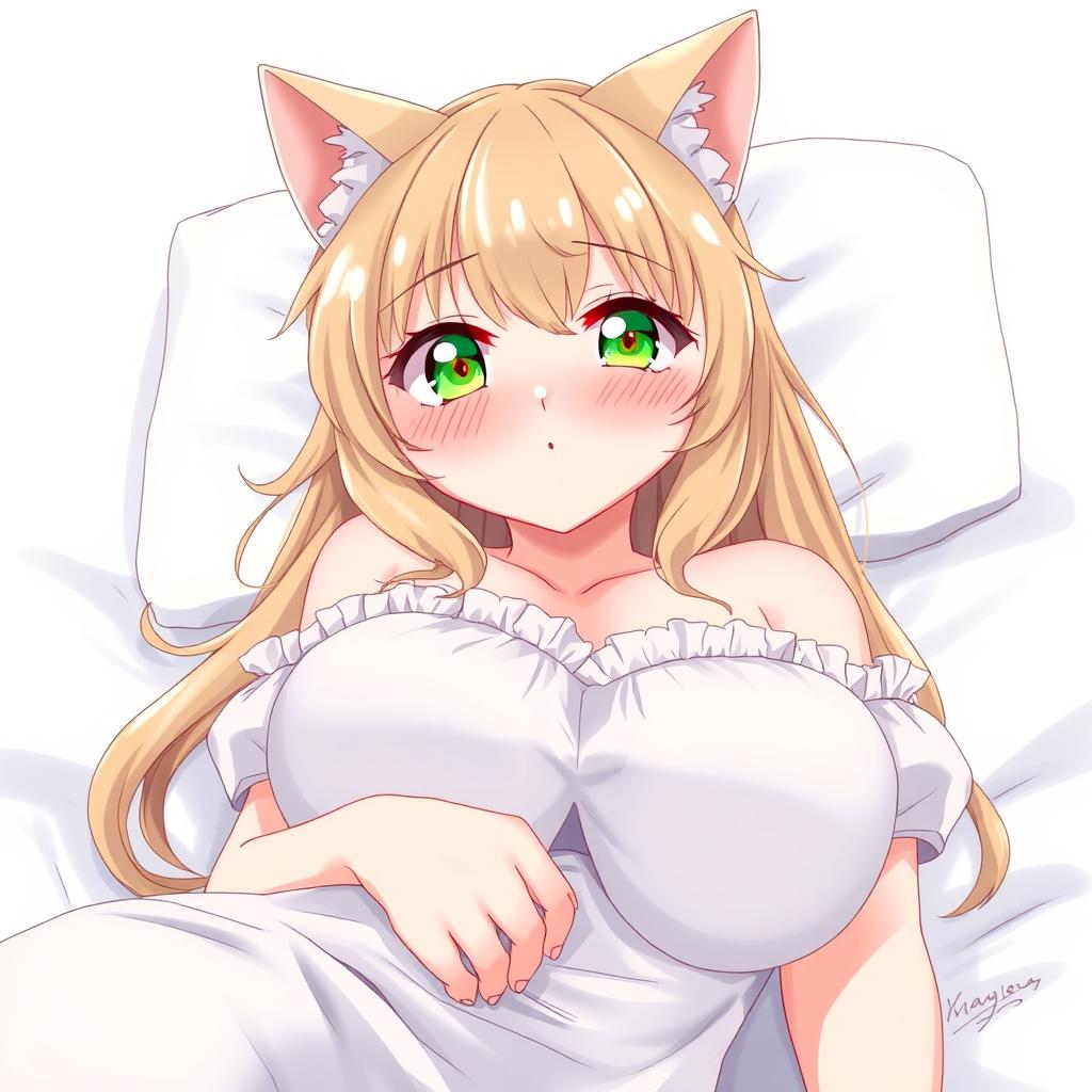 An anime-style drawing of a sexy, flustered, and seductive cute cat waifu with green eyes and a voluptuous figure, emphasizing her large breasts