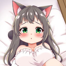 An anime-style drawing of a sexy, flustered, and seductive cute cat waifu with green eyes and a voluptuous figure, emphasizing her large breasts