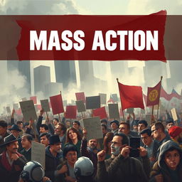 Create an A5-sized cover featuring a scene of a mass action