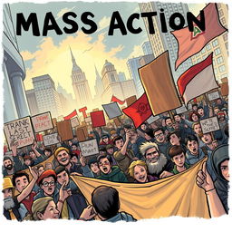 Create an A5-sized cover featuring a scene of a mass action