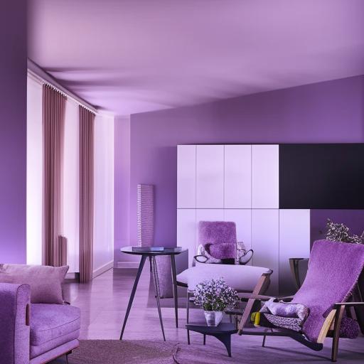 A sophisticated living room bathed in minimalist colors, prominently featuring shades of lavender.