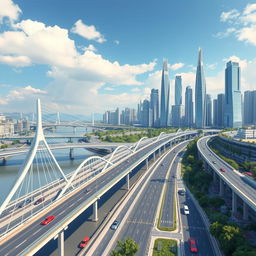 Create an image depicting infrastructure investment, showcasing modern bridges, highways, and skyscrapers