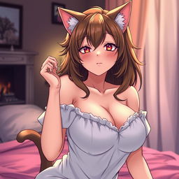 A sexy, flustered, and seductive cat waifu with feline features and large breasts, drawn in an anime style