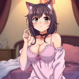 A sexy, flustered, and seductive cat waifu with feline features and large breasts, drawn in an anime style