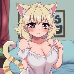 A sexy, flustered, and seductive cat waifu with feline features and large breasts, drawn in an anime style