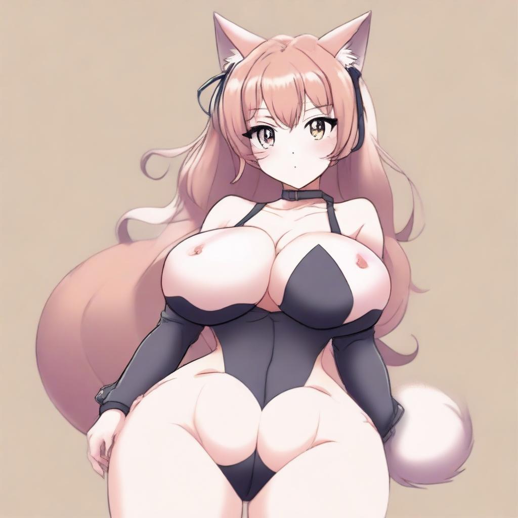 An anime-style drawing of a sexy and flustered cat waifu with feline characteristics like cat ears and a tail