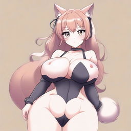 An anime-style drawing of a sexy and flustered cat waifu with feline characteristics like cat ears and a tail