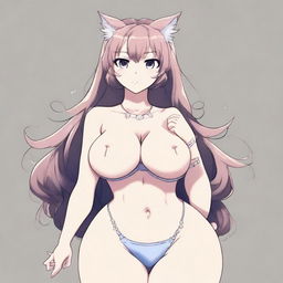 An anime-style drawing of a sexy and flustered cat waifu with feline characteristics like cat ears and a tail