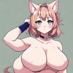 An anime-style drawing of a sexy and flustered cat waifu with feline characteristics like cat ears and a tail