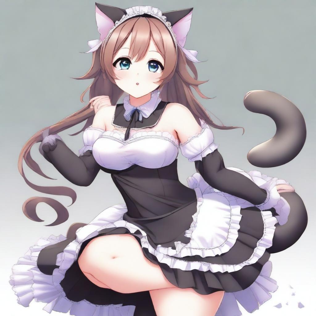 A sexy, flustered, and seductive cute cat waifu maid with feline features such as cat ears and a tail