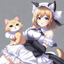 A sexy, flustered, and seductive cute cat waifu maid with feline features such as cat ears and a tail