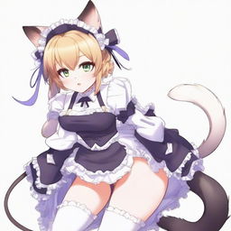 A sexy, flustered, and seductive cute cat waifu maid with feline features such as cat ears and a tail