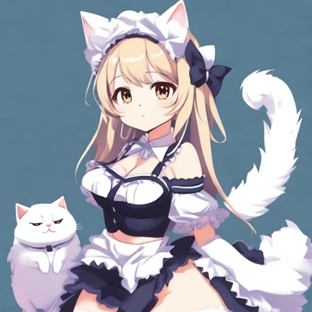 An anime-style illustration of a sexy, flustered, and seductive cute cat waifu maid