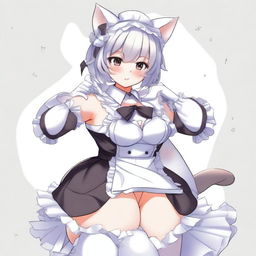 An anime-style illustration of a sexy, flustered, and seductive cute cat waifu maid