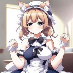 An anime-style illustration of a sexy, flustered, and seductive cute cat waifu maid