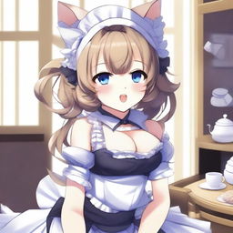 An anime-style illustration of a sexy, flustered, and seductive cute cat waifu maid