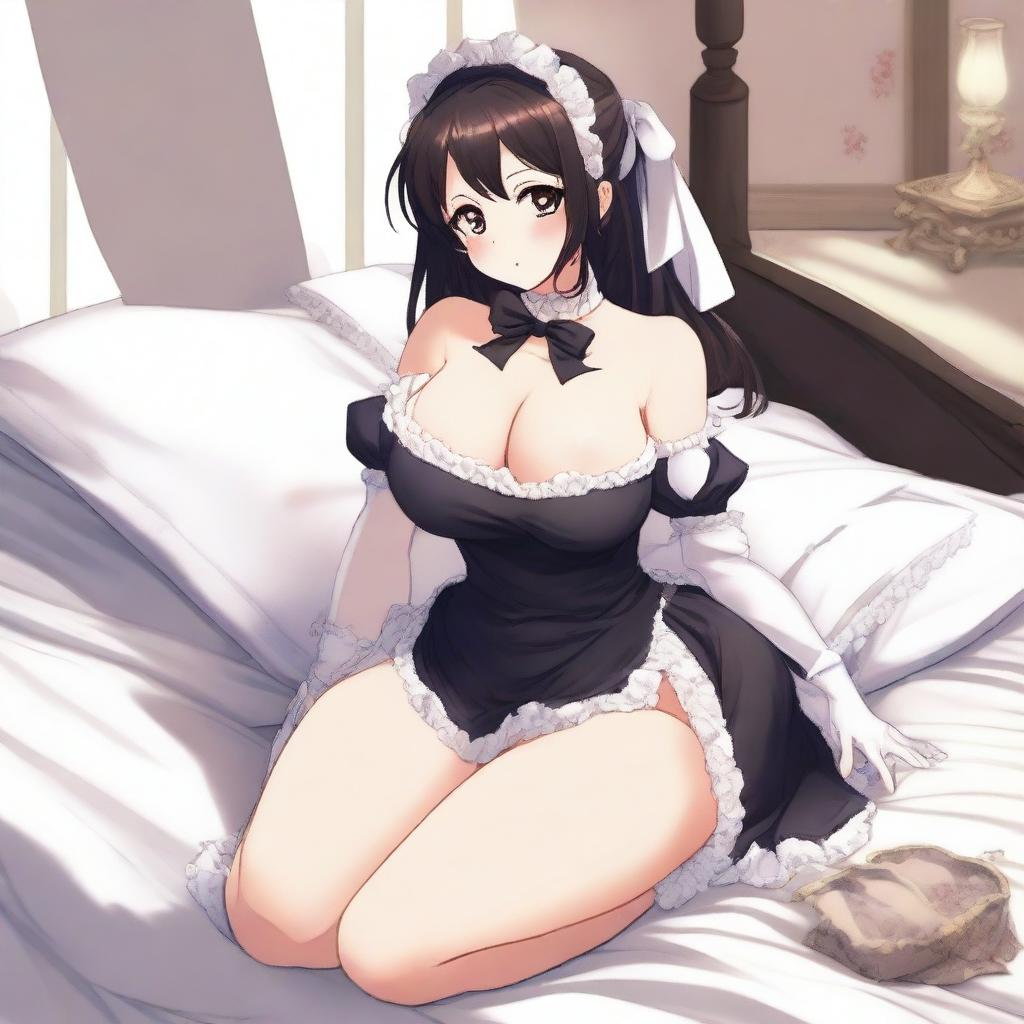 An anime-style illustration of a sexy, flustered, and seductive waifu maid with large breasts