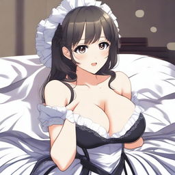 An anime-style illustration of a sexy, flustered, and seductive waifu maid with large breasts