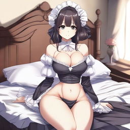 An anime-style illustration of a sexy, flustered, and seductive waifu maid with large breasts