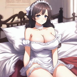 An anime-style illustration of a sexy, flustered, and seductive waifu maid with large breasts