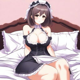 An anime-style illustration of a sexy, flustered, and seductive waifu maid with large breasts