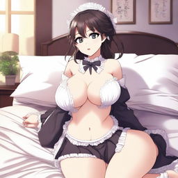 An anime-style illustration of a sexy, flustered, and seductive waifu maid with large breasts