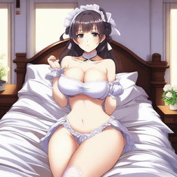 An anime-style illustration of a sexy, flustered, and seductive waifu maid with large breasts