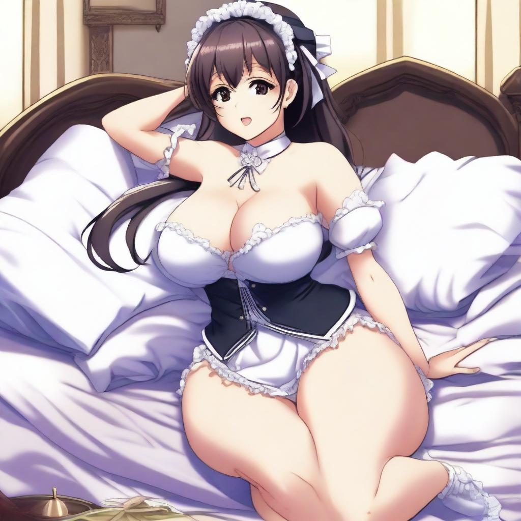 An anime-style illustration of a sexy, flustered, and seductive waifu maid with large breasts