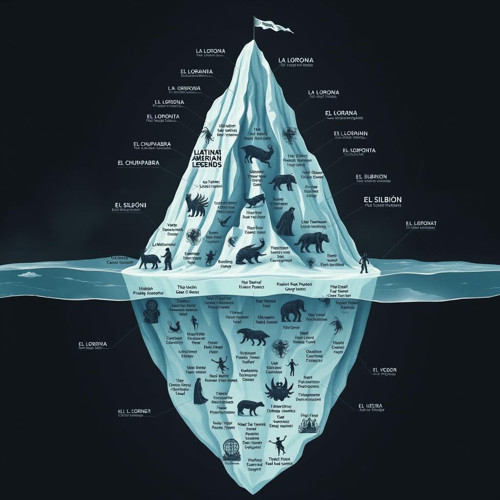 A detailed and eerie iceberg chart illustrating various Latin American urban legends
