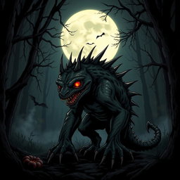 A detailed illustration of a Chupacabra, a mythical creature known for its reptilian features, glowing red eyes, and spiky back